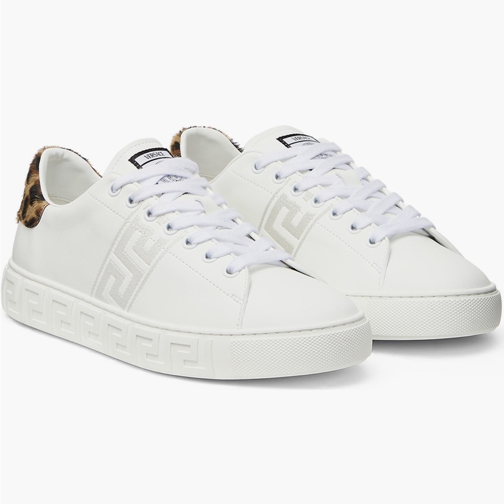 Versace Greca Calf Hair Low Top Sneakers White Leopard Heel Size 39.5 NWT